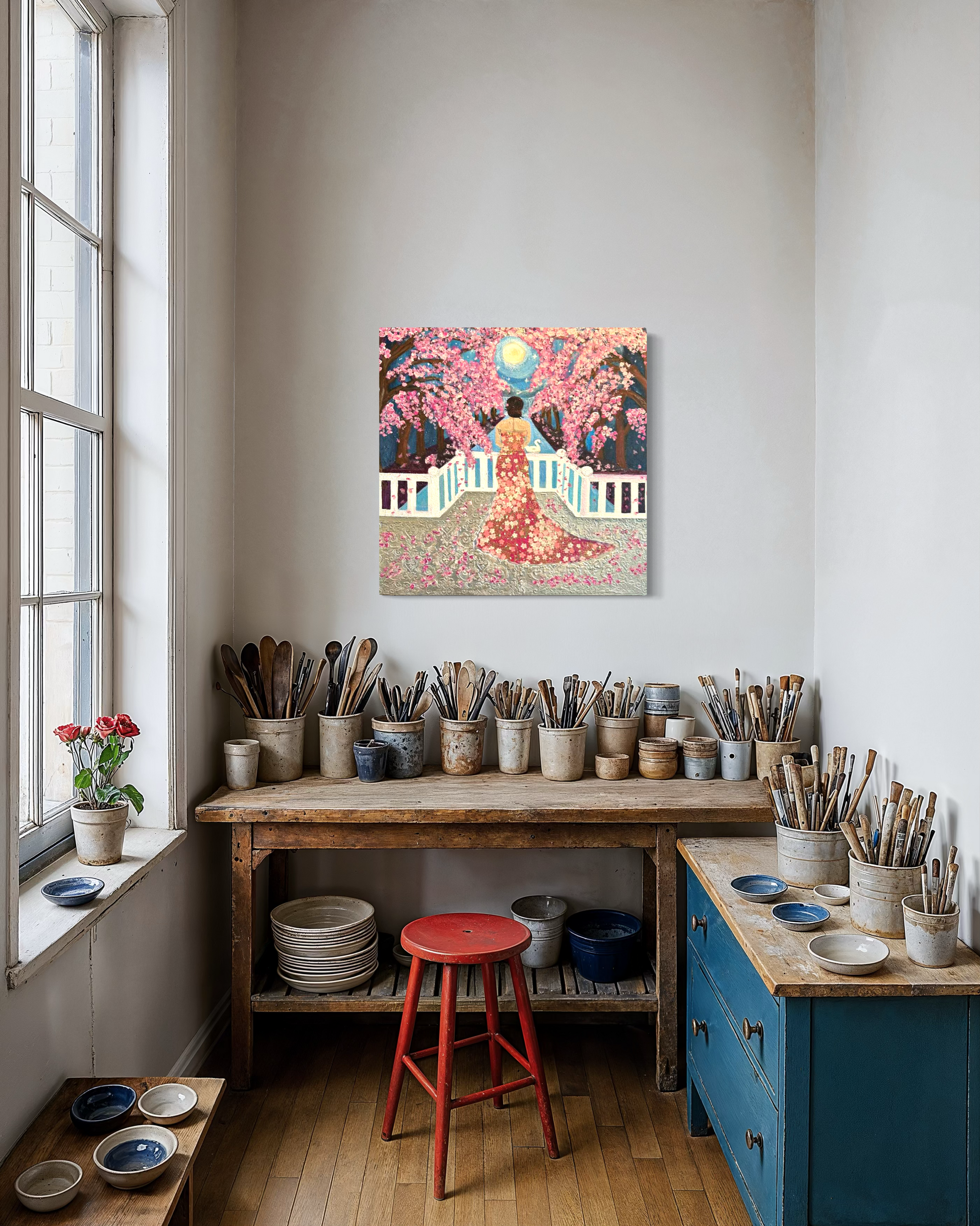 Art studio with pottery tools, a red stool, and a painting of a woman in a garden.