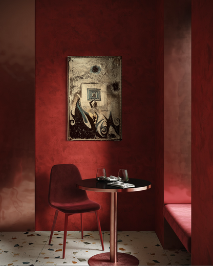 Red room with a table, chair, and abstract painting on a red wall.