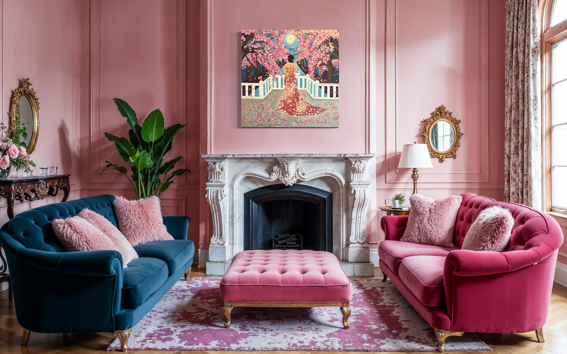 Luxurious living room with pink walls, a fireplace, and colorful furniture.