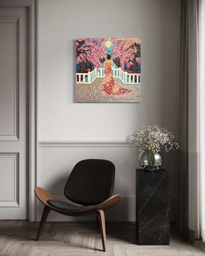 Modern interior with a black chair, marble side table, and floral arrangement.