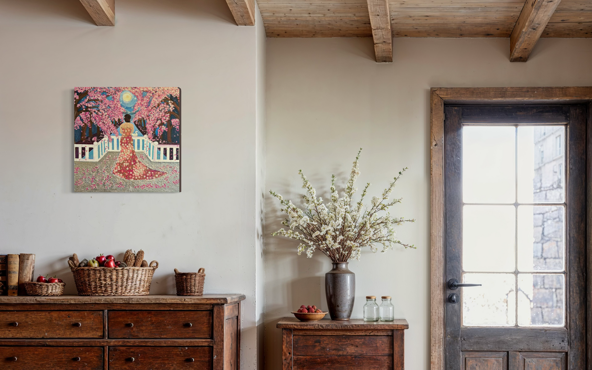 Room interior with wooden furniture, a vase with flowers, and a painting on the wall.
