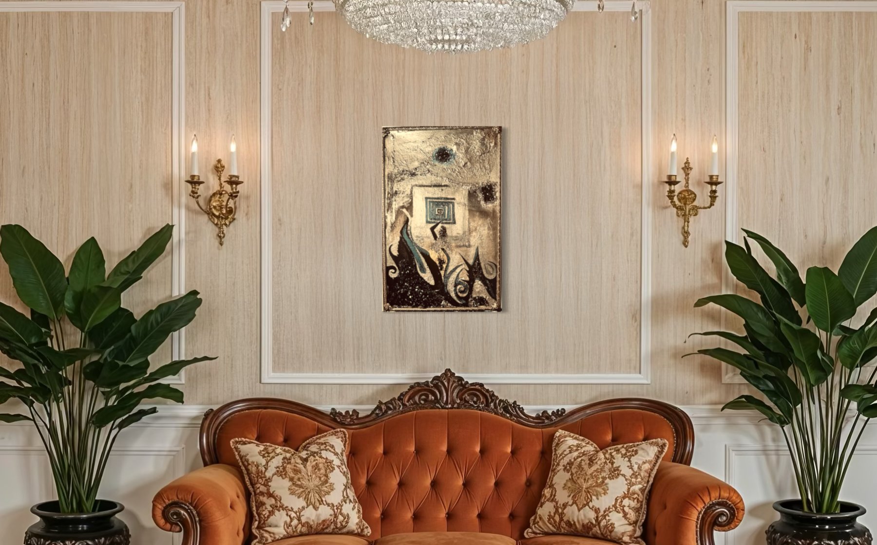 Luxurious living room with an orange sofa, decorative pillows, and wall art.
