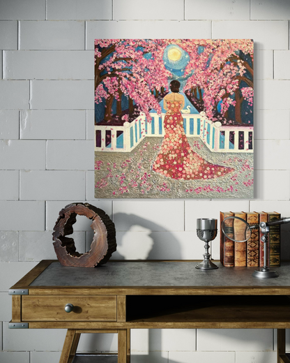 Artistic depiction of a woman in a floral dress walking under cherry blossoms on a wall above a wooden desk.