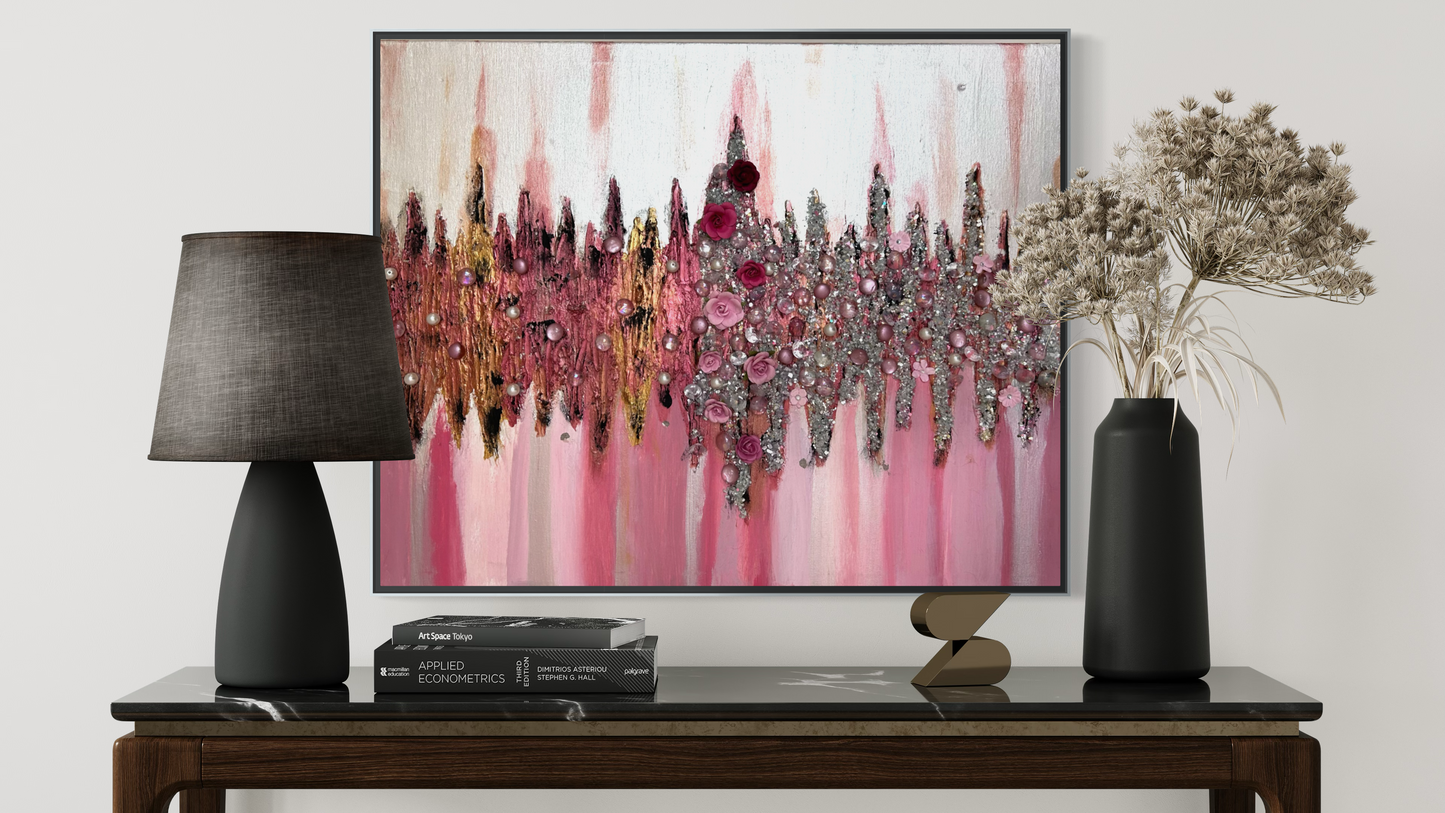 She Bloomed Anyway — Original 30x24 Rose & Silver Abstract Floral Mixed Media Painting