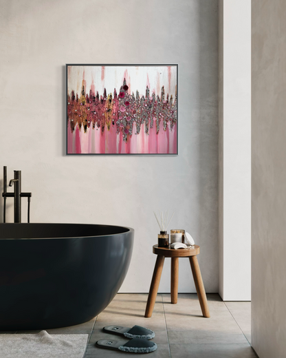 She Bloomed Anyway — Original 30x24 Rose & Silver Abstract Floral Mixed Media Painting