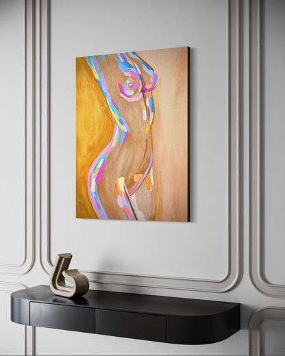 Abstract art piece on a wall above a black console table.