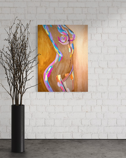 Abstract painting of a nude figure with colorful accents on a white brick wall, next to a vase with branches.