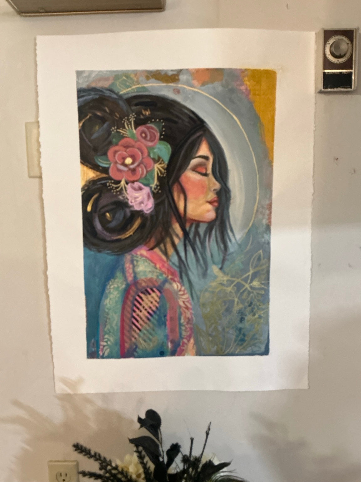 Close up room view of floral profile fine art print on wall