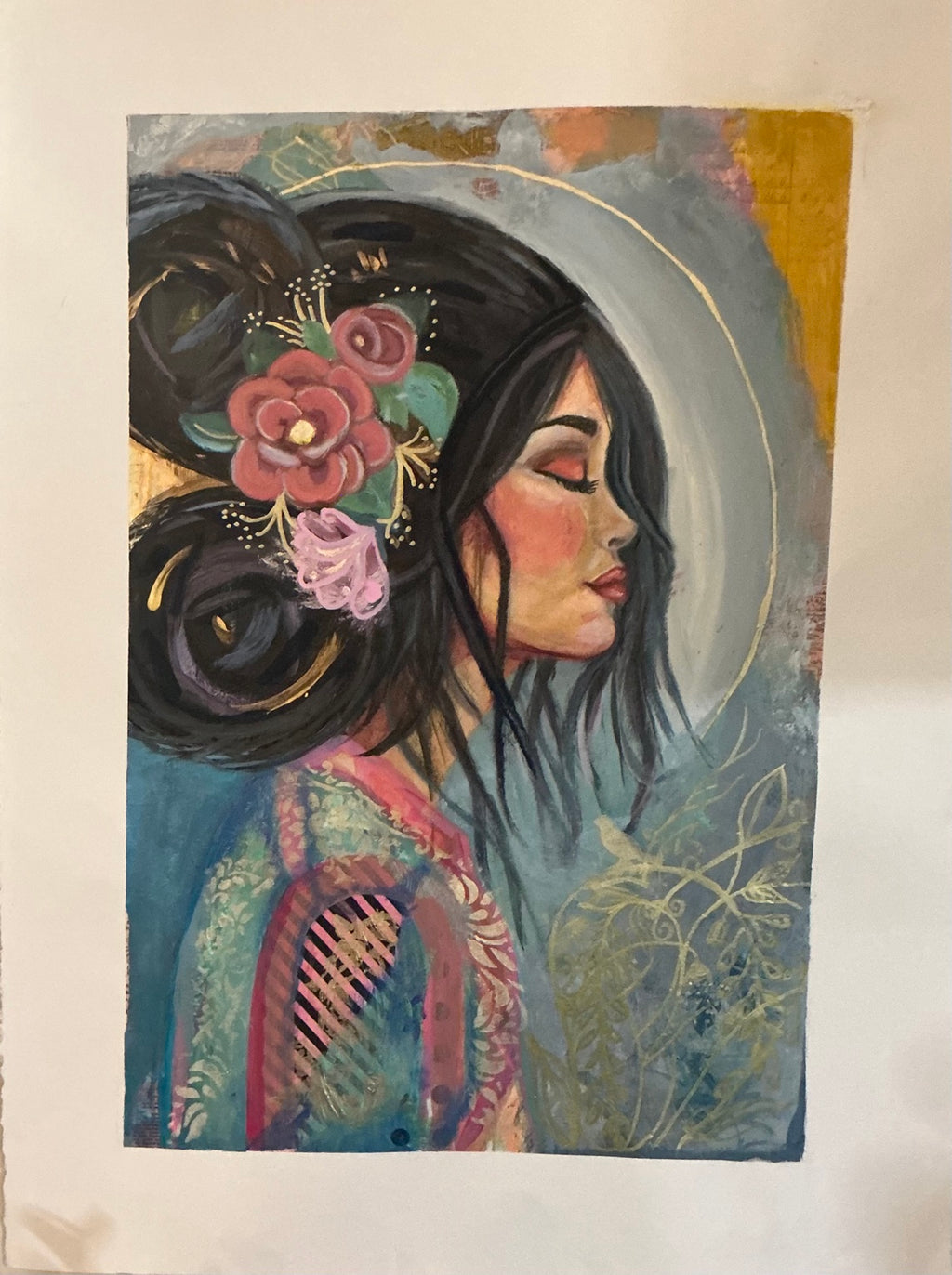 Fine art print of a woman in profile with dark hair and flowers