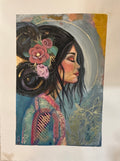 Fine art print of a woman in profile with dark hair and flowers