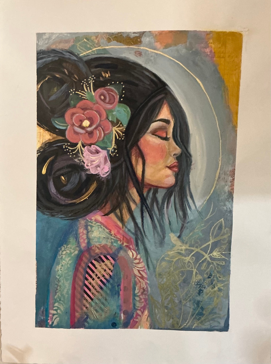 Fine art print of a woman in profile with dark hair and flowers