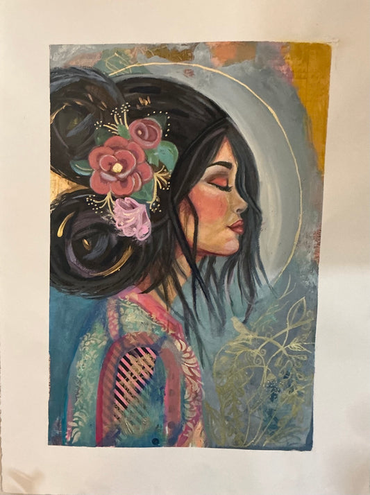 Fine art print of a woman in profile with dark hair and flowers