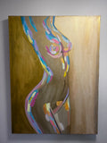 Fine art print of an abstract figure with colorful strokes on a golden background