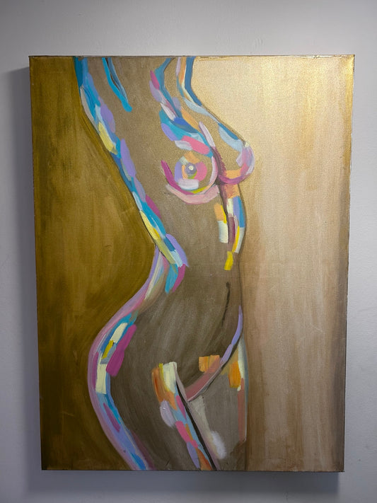 Fine art print of an abstract figure with colorful strokes on a golden background