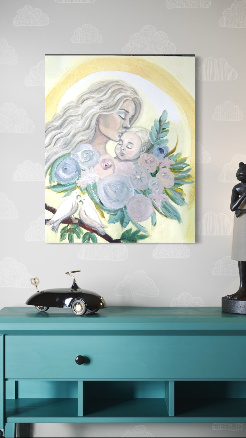 Fine art print of a mother and child surrounded by soft florals and a dove
