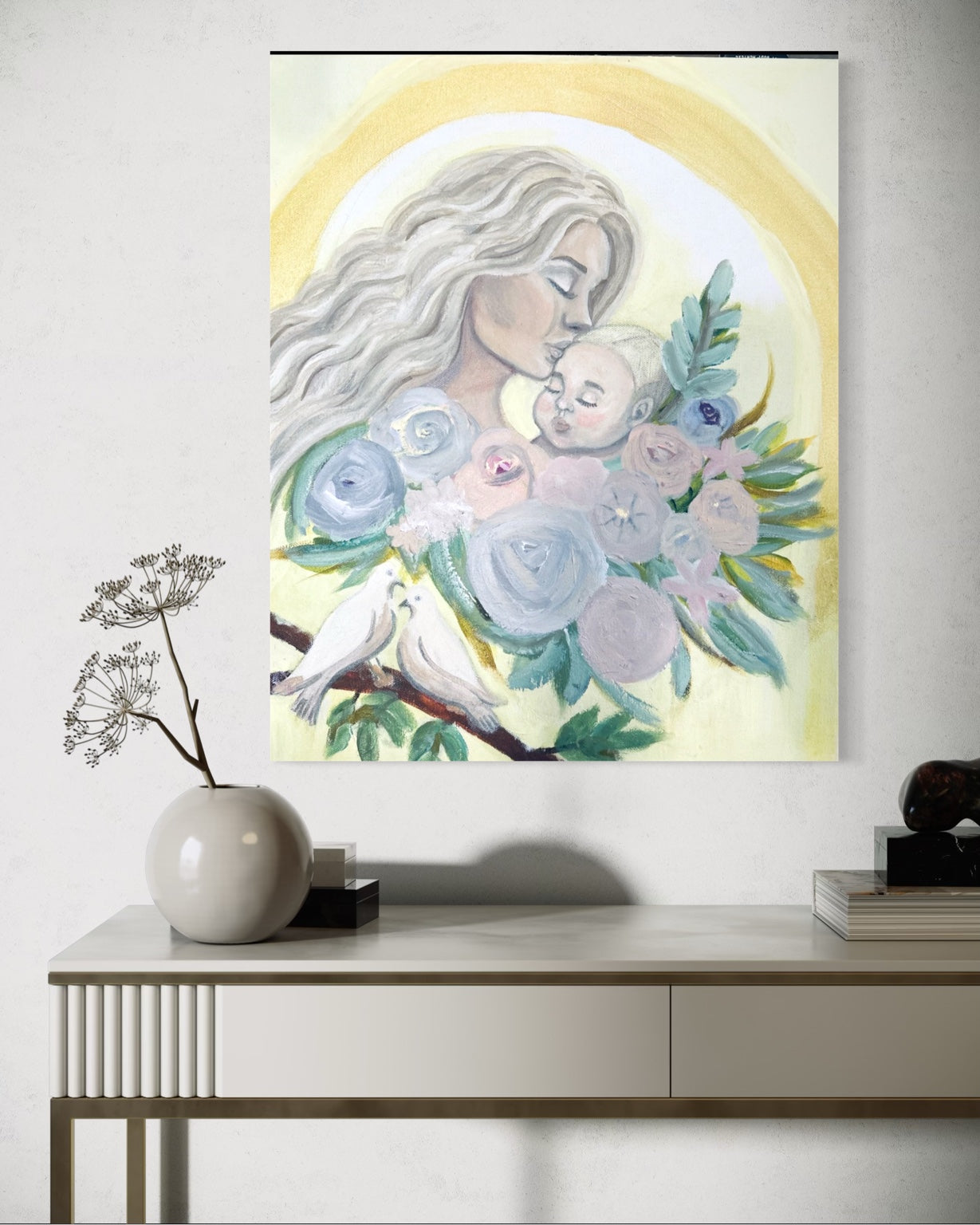 Lifestyle mockup of mother and child floral fine art print above console table