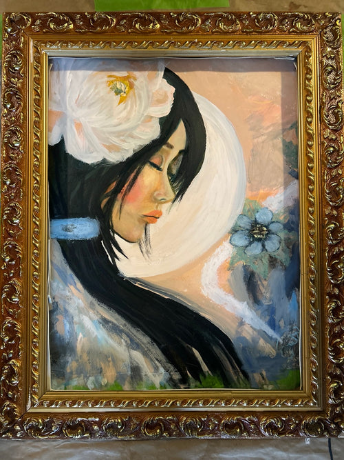 Fine art print of a woman in profile with white flower and soft pastel florals